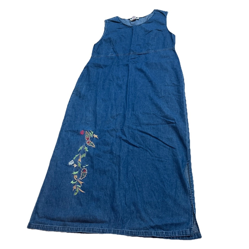 Vintage Time Out Dress Womens Medium Blue Denim Sleeveless Floral Embroidered